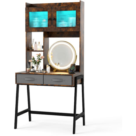 COSTWAY Makeup Table with Adjustable Light Mirror USB Charging Station Storage Brown