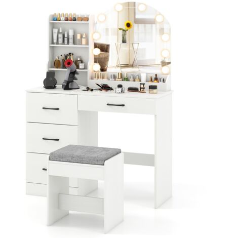 COSTWAY Makeup Vanity Desk Dressing Table and Stool Set w/Charging Station White