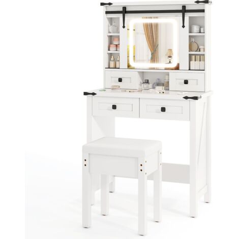 COSTWAY Makeup Vanity Desk Dressing Table & Stool Set w/Mirror and Lights-White