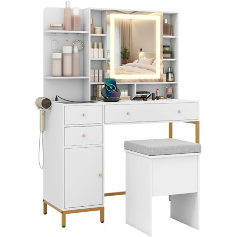 COSTWAY Makeup Vanity Desk Dressing Table & Stool Set with Lighted Mirror-White
