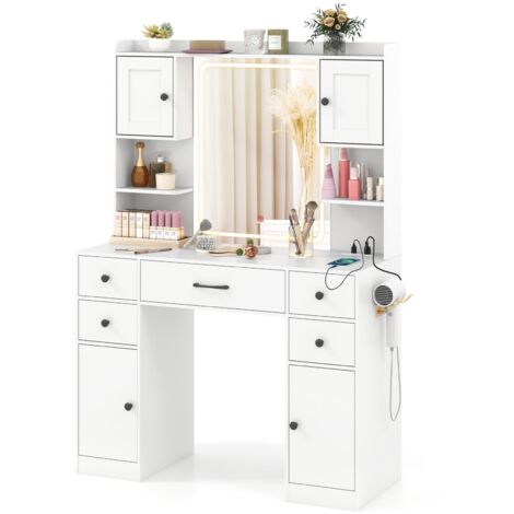 COSTWAY Makeup Vanity Desk Dressing Table w/Charging Station& Mirror-White
