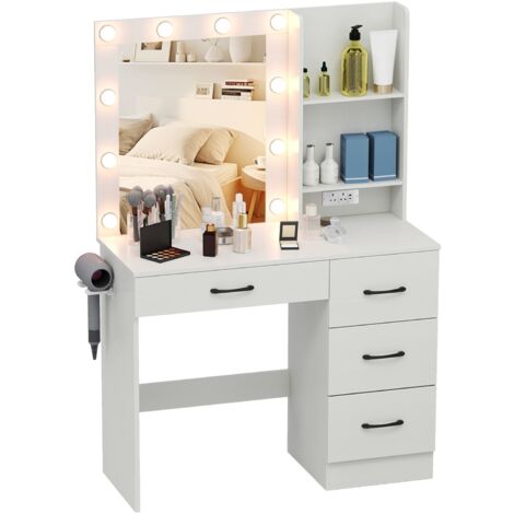 COSTWAY Makeup Vanity Desk Dressing Table with Mirror and Lights-White