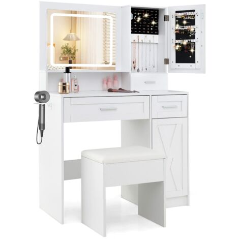 COSTWAY Makeup Vanity Desk Farmhouse Dressing Table & Stool Set w/ Drawers