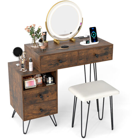 COSTWAY Makeup Vanity Desk Modern Dressing Table Set w/Mirror and Lights-Brown