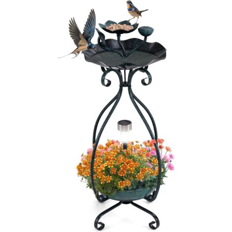 COSTWAY Mangiatoia Solare per Uccelli da Esterno, Vaschetta e Mangiatoia Vintage con Piedistallo e Luci Solari, Casetta per Uccellini Decorativa da Giardino (Verde)