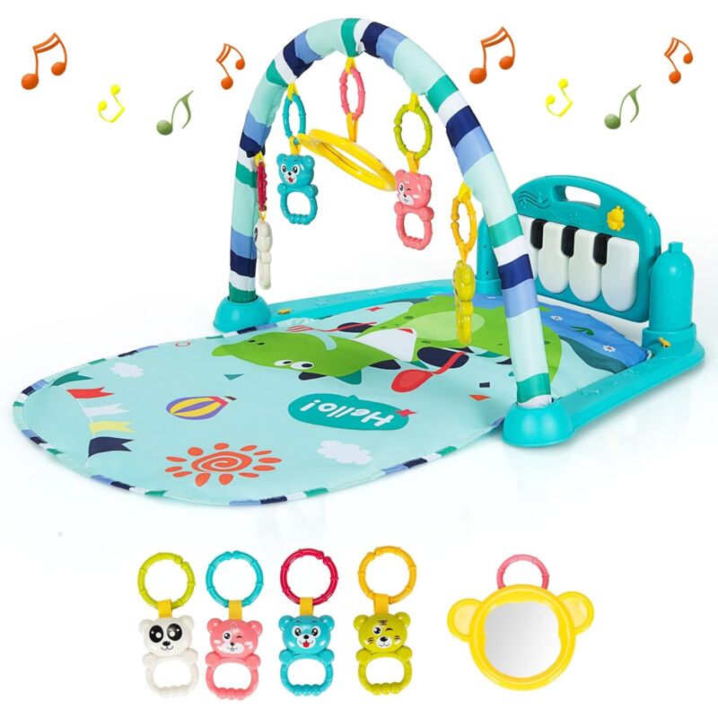 

COSTWAY Manta de Juego para Niños, Centro Actividad con Piano Giratorio Jugar y Patalear con Música y Luces, 4 Juguetes y 1 Espejo