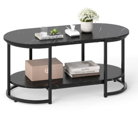 COSTWAY Marble Coffee Table Modern 2-Tier Center Table with Shelf-Black