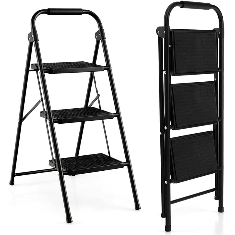 Costway - Marchepied 3 Marches Pliant Largie Cadre Métallique Lourd Pédale Antidérapante 64 x 39 x 90 cm Capacité 150 kg Noir