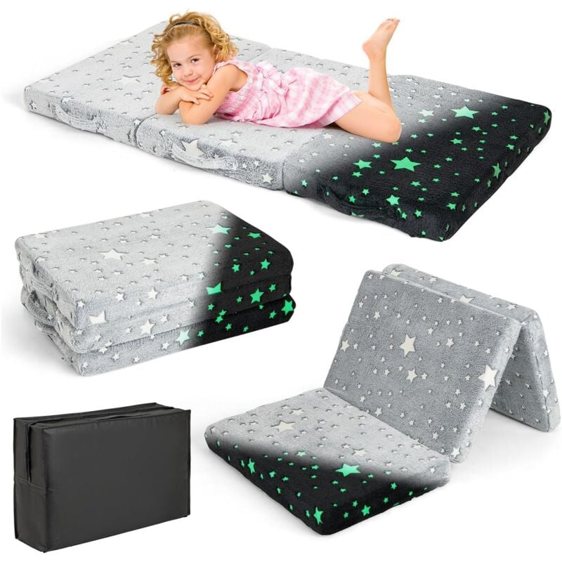 Matelas de Sol Lumineux à 3 Volets pour Enfants avec Motifs Étoiles, Canapé-lit Enfant Pliable en Flanelle avec Housse Lavable en Machine & Sac,