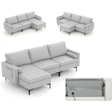 COSTWAY Mehre Kombination Sofa Collection, Sektionen Modular mit USB-Ports & Steckdose, Reversible Chaise Lounge, Storage Box, L-förmiges modulares Sofa für Wohnzimmer Schlafzimmer Büro, Hellgrau