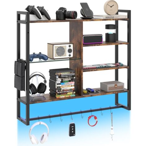 COSTWAY Mensola da Parete 107 cm,Scaffale a 6 Livelli con Luci LED, 8 Ganci e Tasca Laterale，Nero