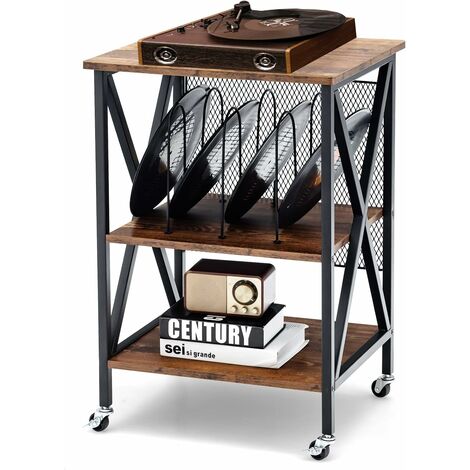 COSTWAY Mesa Auxiliar de 3 Niveles, Mesillas de noche Soporte de Vinilo Rústico con 3 Divisores, Estante de Exhibición de Acero & Ruedas Bloqueables para Sala de Estar, Dormitorio