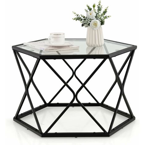 COSTWAY Mesa Auxiliar de Cristal, Mesa de Centro Geométrica Industrial, Mesa Redonda con Patas de Metal, Mesita de Sofá Moderna para Salón, Terraza y Dormitorio, Capacidad hasta 15 kg, 65 x 40 x 56 cm