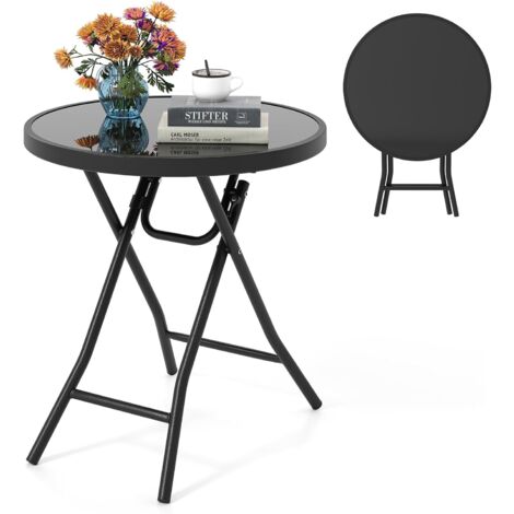 COSTWAY Mesa Auxiliar Plegable 46 x 48 cm, Mesa Jardin Exterior Redonda, Superficie de Vidrio Templado y Estructura Metálica, Mesa Baja Exterior Balcon Jardin (Negro)