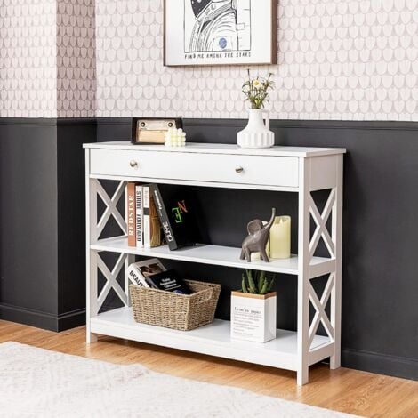 COSTWAY Mesa Consola Mesita Auxiliar con Cajón y Estantes Escritorio para Entrada Sala de Estar Dormitorio Oficina 100 x 30 x 80 cm (Blanco)
