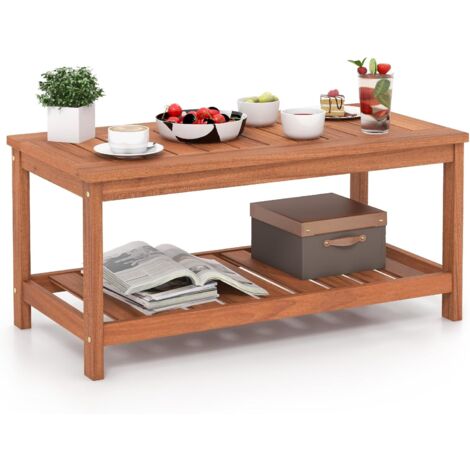 COSTWAY Mesa Consola para Patio, Mesa Auxiliar de 2 Niveles con Estructura de Madera Maciza, Tablero y Estante de Listones, Mesa de Centro para Exteriores para Porche, Balcón