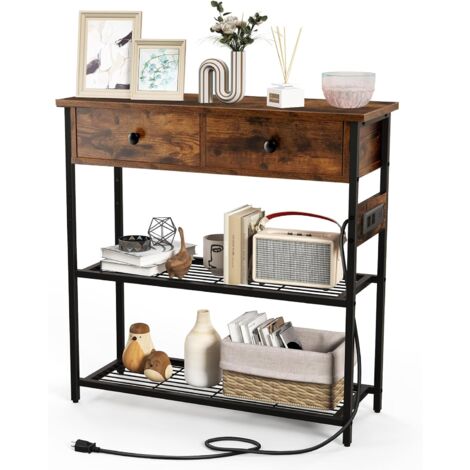 COSTWAY Mesa Consola Recibidor de Entrada con Estación de Carga, Mesa Estrecha con 2 Cajones y 2 Estantes de Malla Metálica, 2 Tomas de Corriente y 2 Puertos USB para Sala de Estar, Vestíbulo, Sofá