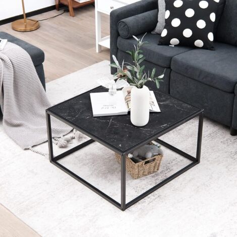 COSTWAY Mesa de Centro Cuadrada con Tapa de Imitación de Mármol y Marco de Acero, Mesa de Cóctel Central, Mueble de Salón, 70 x 70 x 40 cm, Fácil de Montar (negro)