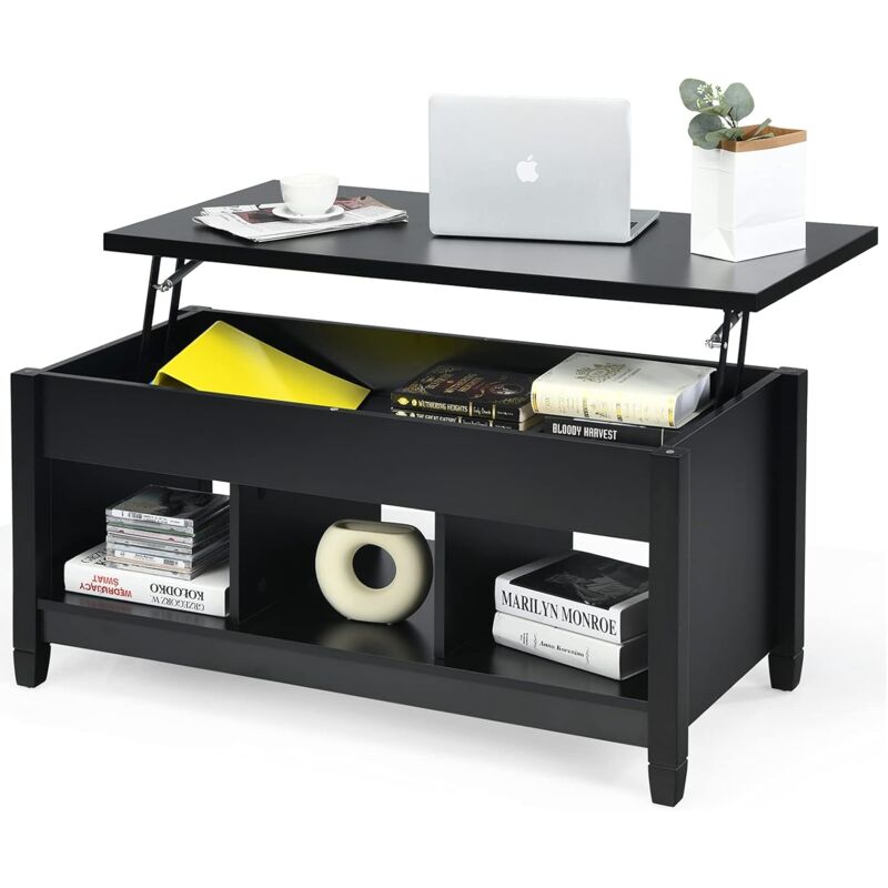

COSTWAY Mesa de Centro Mesa Baja de Madera con Superficie Elevable Mesita de Sofá con Almacenamiento Escondido (Negro)