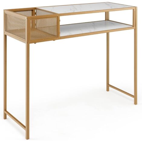 COSTWAY Mesa de Consola de Mármol de Imitación de 2 Niveles con Estante Abierto, Marco de Acero Dorado, Mesa de Entrada Compacta, Consola Recibidor Sala de Estar, Pasillo 110 x 40 x 90,5 cm