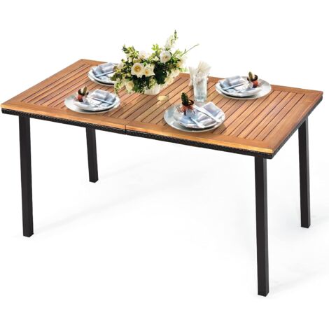 COSTWAY Mesa de Jardín Mesa de Exterior con Agujero para Sombrilla Mesa de Madera y Marco de Metal para Terraza Patio Jardín 140x75x76cm
