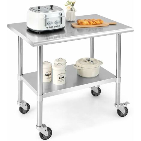 COSTWAY Mesa de Metal Inoxidable, Mesa de Preparación de Alimentos de 61 x 91,5 cm con Ruedas Giratorias, Estante Inferior Ajustable, Mesa de Trabajo Comercial Resistente para Restaurante, Cocina