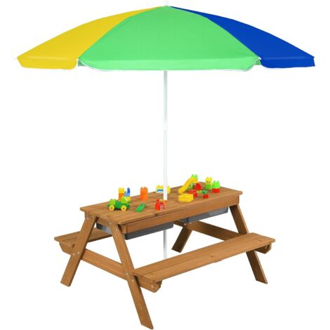 COSTWAY Mesa de Picnic para Niños 3 en 1 con Sombrilla Desmontable y Ajustable en Altura, Mesa de Agua y Arena para Niños con Tabla Desmontable, Mesa de Madera Convertible para Jardín, Patio, Césped