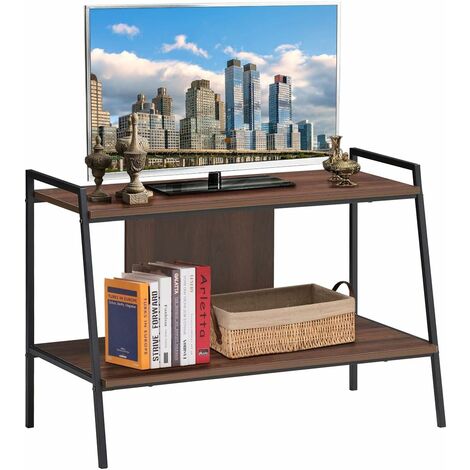 COSTWAY Mesa de TV, Centro de Entretenimiento de TV, Mesa Multimedia de Madera de 2 Niveles, para TV de hasta 32 Pulgadas, 89 x 43 x 60 cm, Nogal