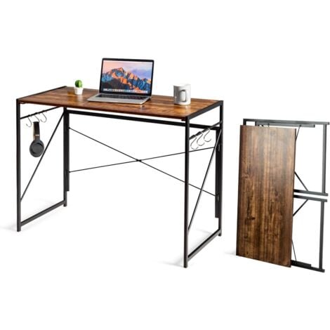 COSTWAY Mesa Escritorio Plegable, 100x50x75 cm, 6 Ganchos en Forma de S, Mesa Ordenador con Estructura de Metal, Mesa Industrial para Oficina Casa Despacho, Carga 115 kg (Marrón)