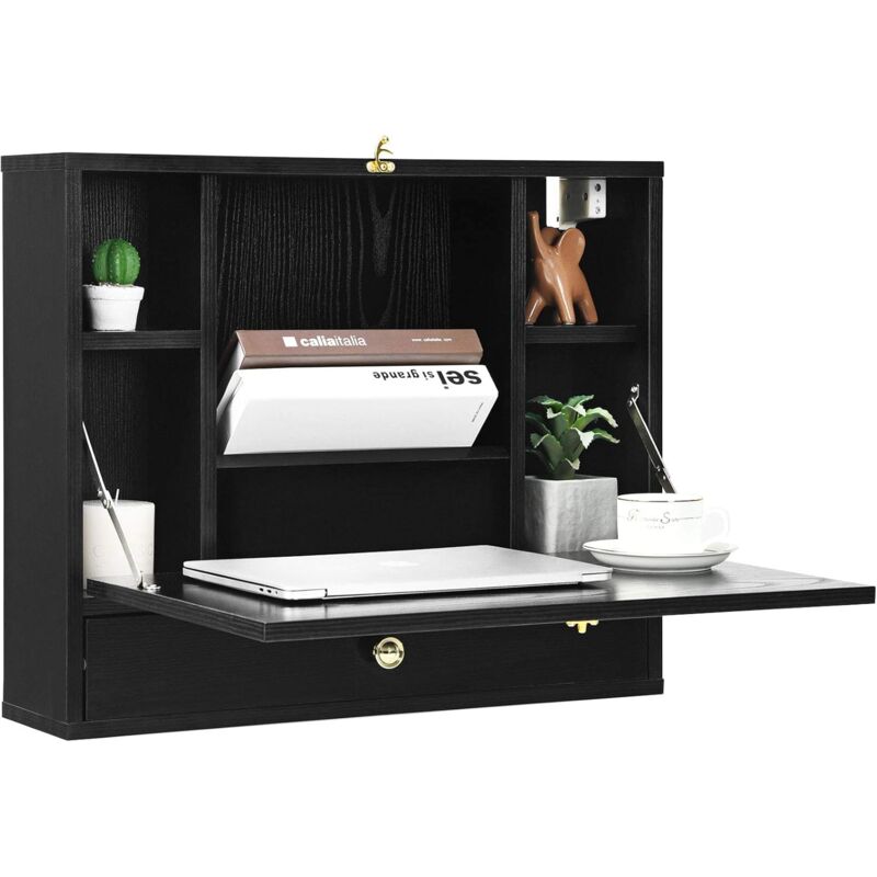 

COSTWAY Mesa Plegable de Pared para Ordenador Escritorio de Madera con Compartimientos y Cajón para Hogar (Negro)