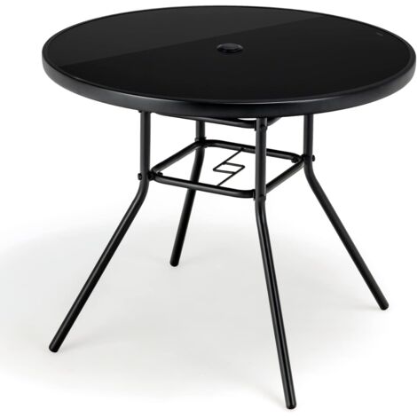 COSTWAY Mesa Terraza Exterior Redonda, 86x71 cm, Mesa Jardin de Vidrio Templado, Agujero para Sombrilla de 3,5 cm, Estructura Metálica, Mesa de Comedor Jardin Terraza Balcon Exterior