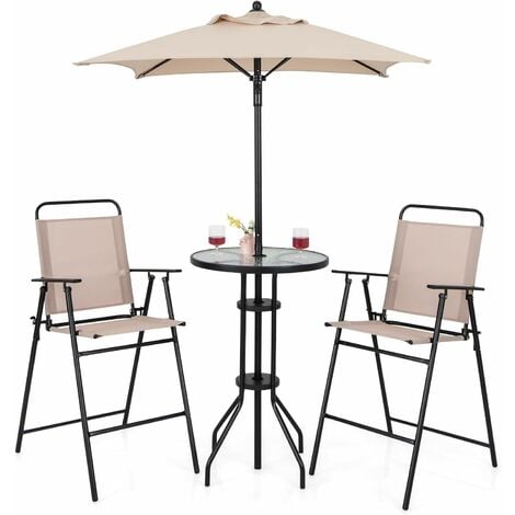 COSTWAY Mesa y Sillas Terraza de 4 Piezas, Mesa de Vidrio Templado y Sombrilla, 2 Sillas Plegables, Conjunto Mesa y Sillas Jardin Balcon Exterior, Beige (Conjunto)