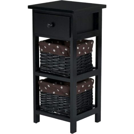 COSTWAY Mesita de Noche con Cajón y 2 Cestas de Almacenamiento Cajonera Mesa Auxiliar (Negro)