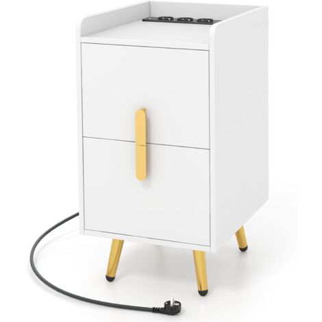 COSTWAY Mesita de Noche con Estación de Carga, 2 Puertos USB Y 3 Salidas, Mesillas de Noche Dormitorio con 2 Cajones, Mesa de Noche Dormitorio Sala, 40 x 32 x 60 cm (Blanco)