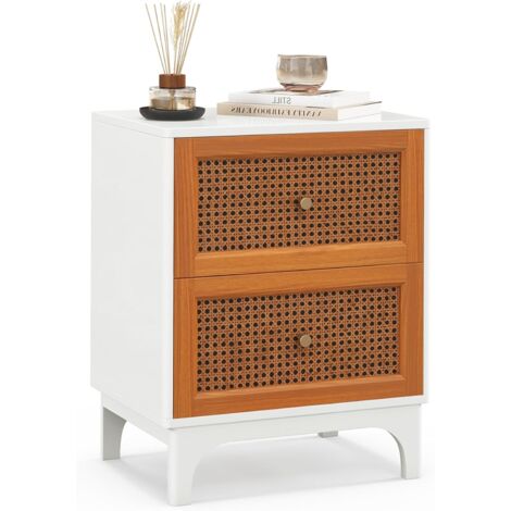 COSTWAY Mesita de Noche de Madera Ratán, Mesilla de Noche Dormitorio Bohemia con 2 Cajones, Patas de Madera Maciza, Mesa Cabecera Dormitorio, 46 x 33 x 59,5 cm, Blanco y Marrón