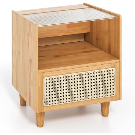 COSTWAY Mesita de Noche de Ratán, 2 Estantes y 1 Cajón, Mesa Auxiliar Boho con Cajón y Patas de Madera Maciza, Mesitas de Noche Dormitorio, 43 x 35 x 50 cm