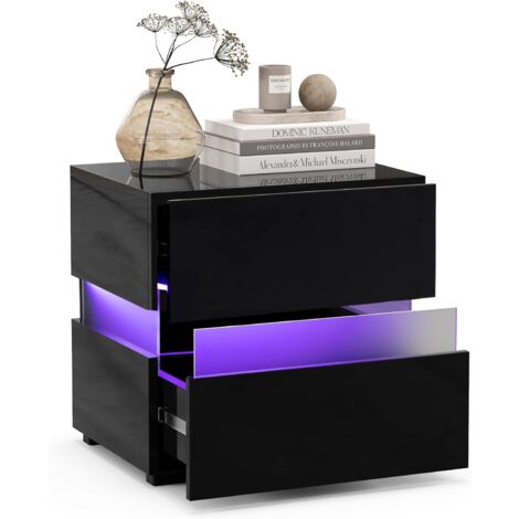 COSTWAY Mesita de Noche LED con Cajones, Mesilla de Noche con Control Remoto y 22 Modos Dinámicos, 10 Niveles de Velocidad, 5 Niveles de Brillo, Mesilla Auxiliar Moderna para Sala de Estar Dormitorio