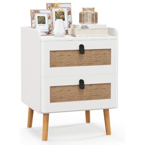 COSTWAY Mesitas de Noche, Mesillas de Noche Dormitorio con 2 Cajones de Ratá, Mesita de Noche con Acabado Blanco y Patas de Madera, Mesillas de Noche Bohemia para Sala de Estar, Dormitorio, Blanca