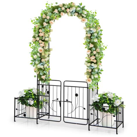 COSTWAY Metal Garden Arbor 220cm Arch Trellis with 2 Side Planters-Black