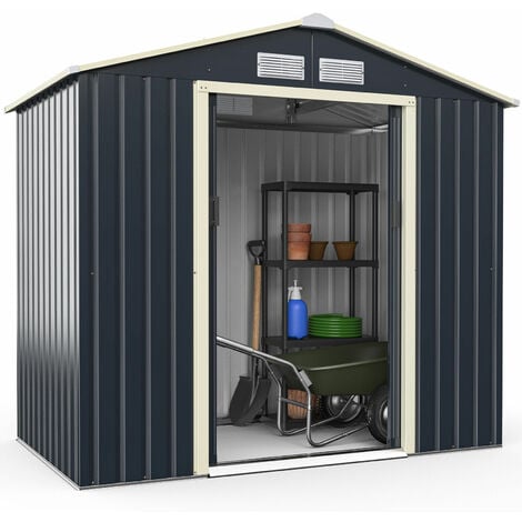 COSTWAY Metal Storage Shed, Outdoor Lockable Tool Storage Box with 4 Vents, Double Sliding Door and Sloped Roof, Weatherproof Garden Shed House Hut (4 X 7 FT)