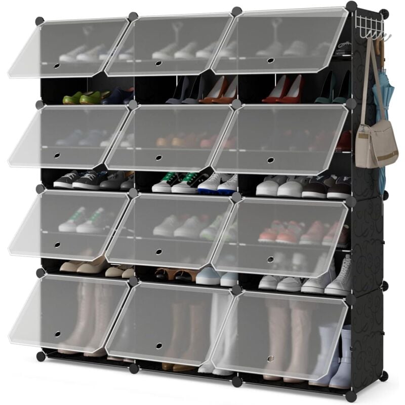 COSTWAY Meuble a Chaussure pour 48 Paires, 12 pcs Boite Rangement Chaussures, Crochet de Suspension Latéral, Rangement Chaussure Transparent