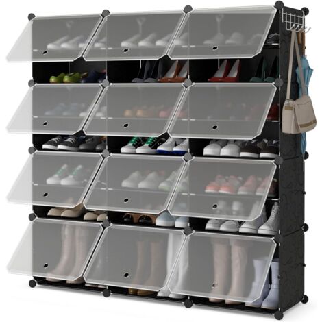 COSTWAY Meuble a Chaussure pour 48 Paires, 12 pcs Boite Rangement Chaussures, Crochet de Suspension Latéral, Rangement Chaussure Transparent Empliable, Etagere Chaussure, 124 × 32 × 125 cm
