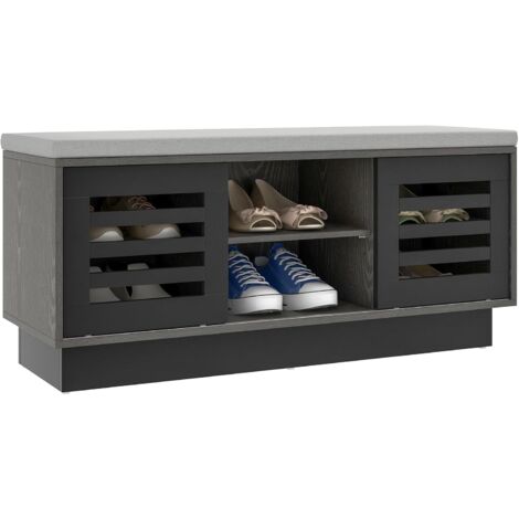 Costway – Meuble à chaussures en bois avec banc rembourré – 6 compartiments réglables – 2 portes coulissantes – Dimensions 99,5 x 34,5 x 46 cm – Gris