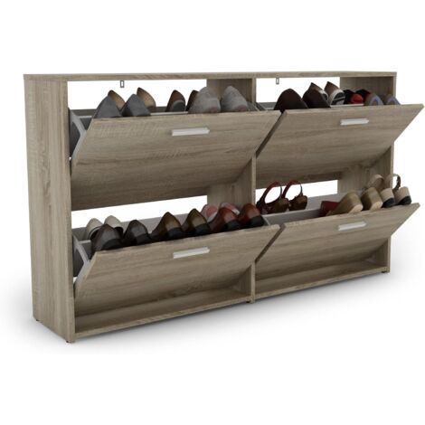 Costway – Meuble à chaussures étroit en bois 134 x 29 x 77,5 cm – 4 portes rabattables – 4 compartiments à 2 niveaux – Capacité 20 kg