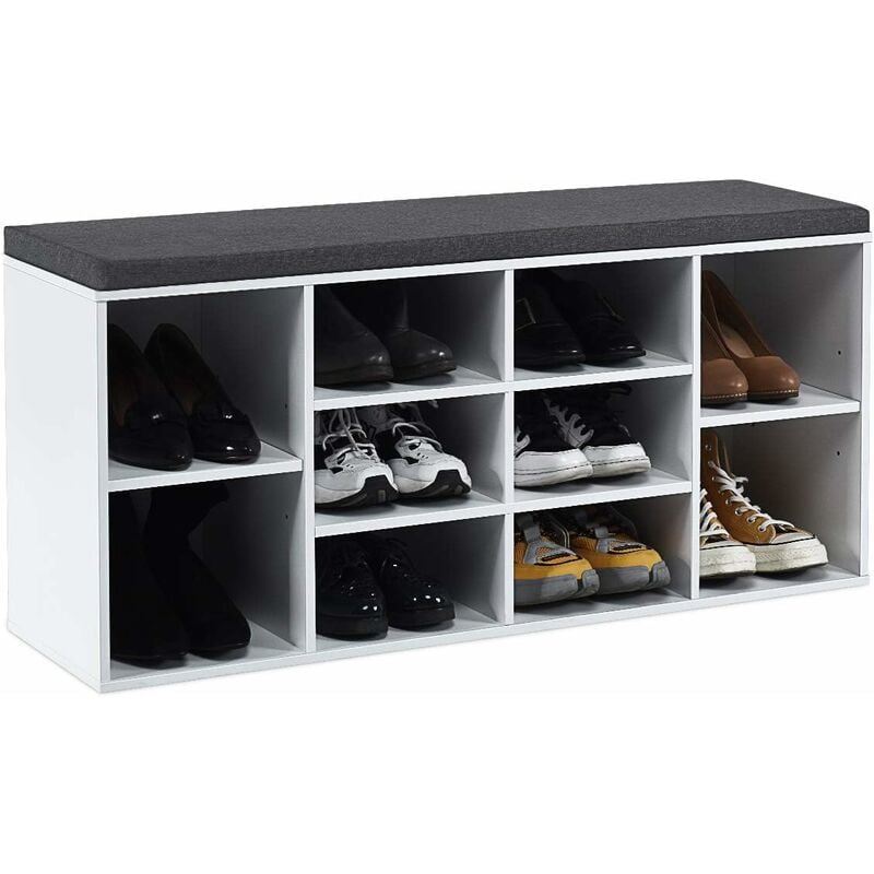 Meuble à Chaussures/Banc à Chaussures avec Siège Coussin Rembourré-10 Cubes-Etagères Réglables-104x30x48CM Blanc - Costway