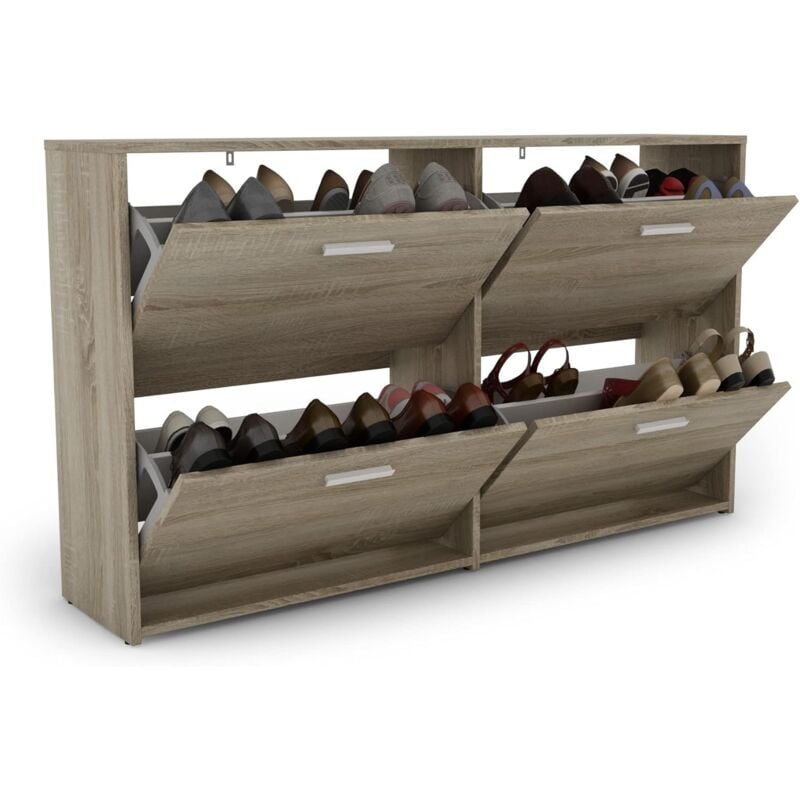 Meuble à Chaussures Entrée, Meuble à Chaussures en Bois avec 4 Portes Rabattables et 4 Compartiments à 2 Niveaux, Design Étroit, 134 x 29 x 77,5 cm