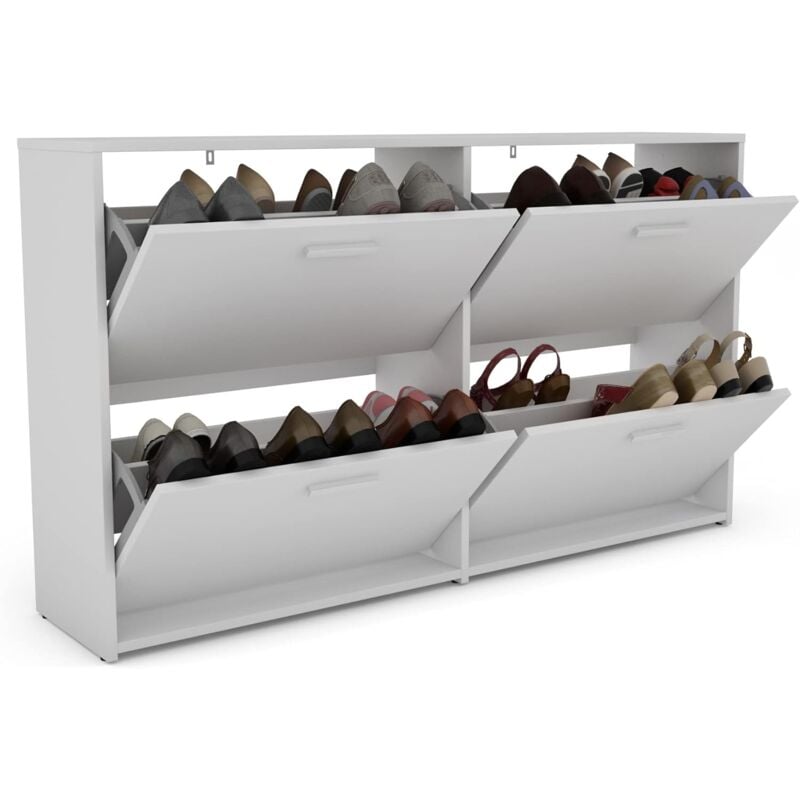 Meuble à Chaussures Entrée, Meuble à Chaussures en Bois avec 4 Portes Rabattables et 4 Compartiments à 2 Niveaux, Design Étroit, 134 x 29 x 77,5 cm