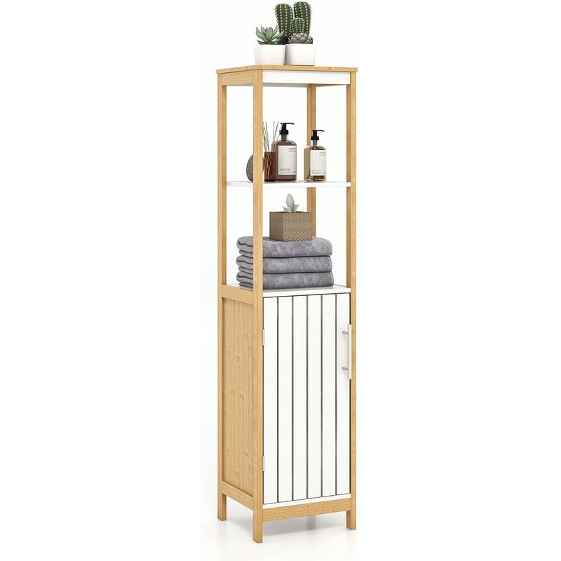 meuble colonne de salle de bain, armoire haute de rangement en bambou avec porte à lattes, étagère réglable, 30 x 30 x 129 cm, naturel + blanc