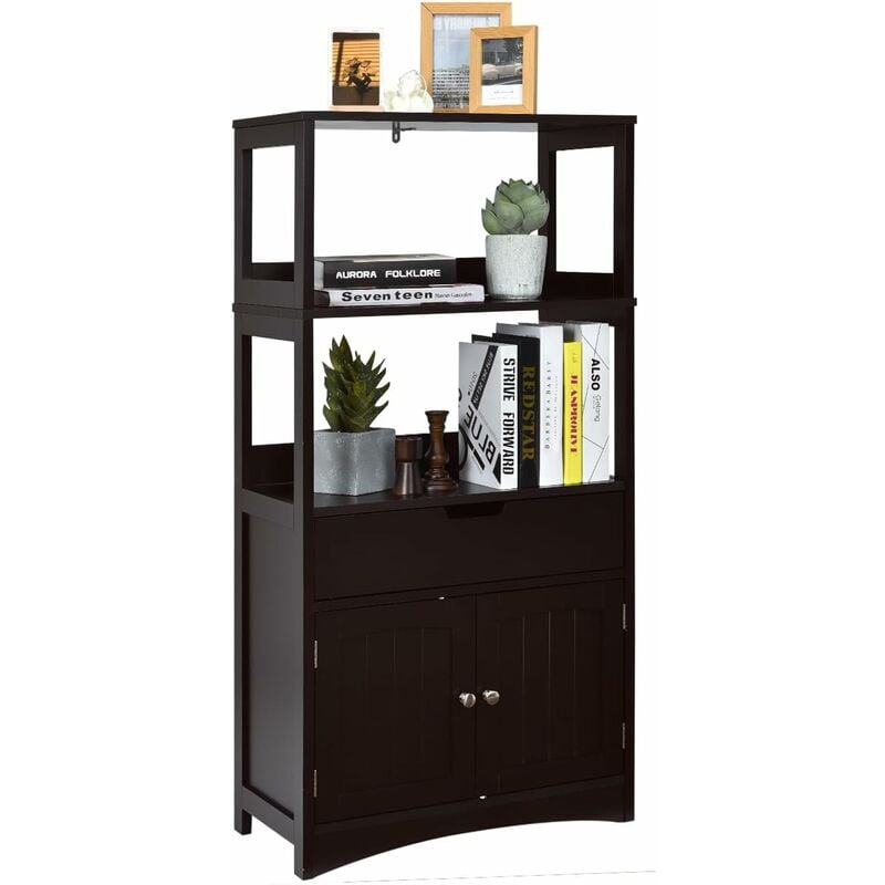 Meuble de Rangement avec Tiroir et Etagère, Armoire de Salle de Bain avec 2 Compartiments Ouverts et Placard 2 Portes, pour Cuisine, Entrée, Salon,