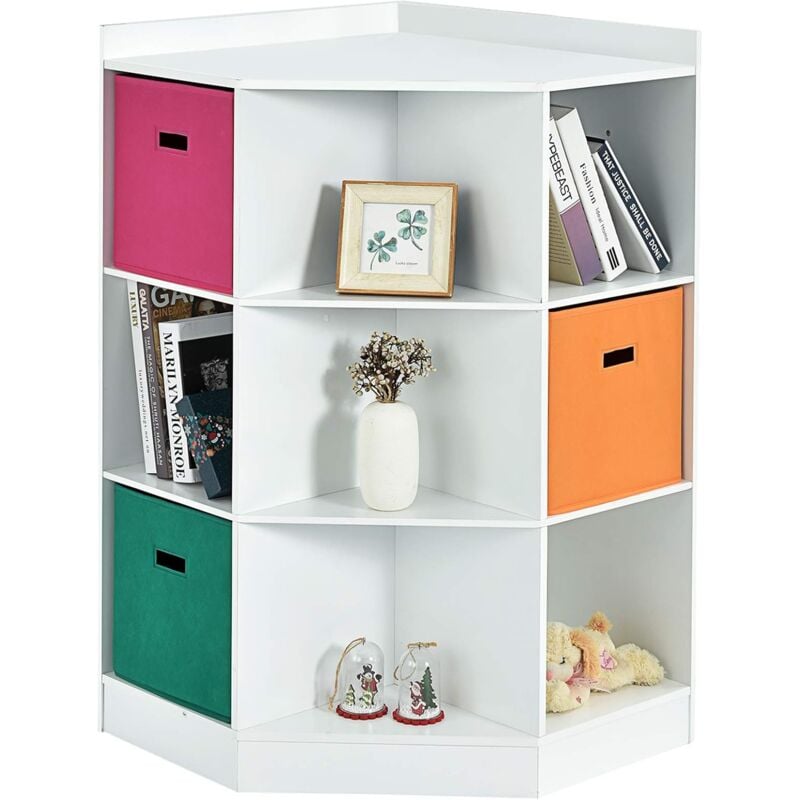 Meuble de Rangement d'angle Enfants avec 9 Niches, Bibliothèque d'angle Enfant avec Étagère Supérieure, 3 Tiroirs Organisateur de Livres pour Salon,